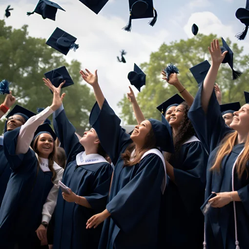 group of girls throwing graduation cap